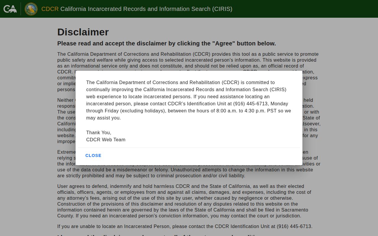 Placer County released inmates CDCR CIRIS search page