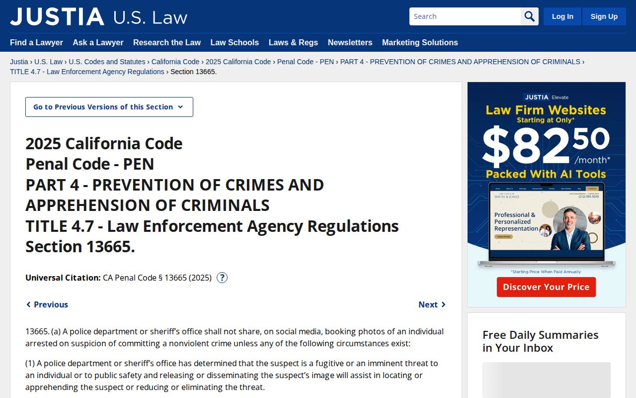 California Penal Code section 13665 booking-photo social-media rule reference